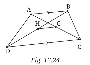 Quadrilateral ABCD with AB parallel to DC, the diagonals AC and BD, and the midpoints G of AC and H of BD joined.