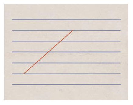 Seven equally spaced horizontal blue lines with a slanted orange line that starts on the sixth line from the top and ends on the second line from the top.