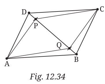 Parallelogram ABCD with the diagonal BD. Points P and Q on BD with DP equal to BQ are joined to A and C, forming APCQ.