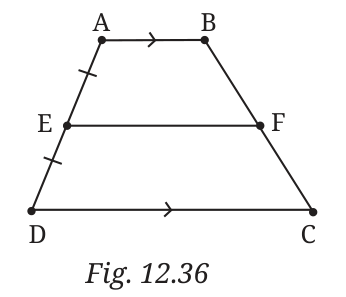 Trapezium ABCD with AB parallel to DC. E is the midpoint of AD and F is on BC, with EF drawn.