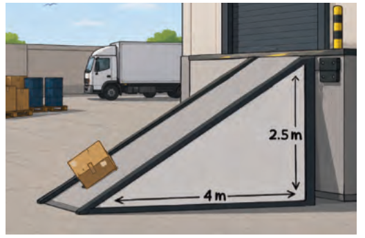 A loading-dock ramp with a vertical rise marked 2.5 m and a horizontal run marked 4 m.