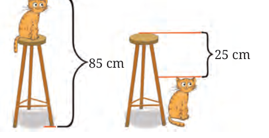 Left: a cat sitting on a stool, with the total height from the floor to the top of the cat marked 85 cm. Right: the cat sitting on the floor next to the stool, with the top of the stool 25 cm above the cat's head.