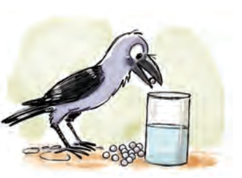 A crow next to a glass of water with some marbles on the ground.